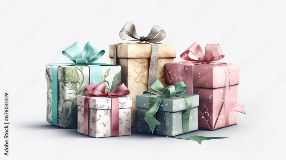 Obraz premium Gift boxes with bows and ribbons. AI Generated