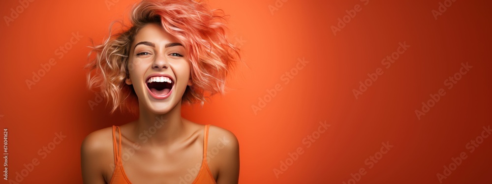 Smiling female model wearing an orange tank top on an orange studio background. Wide horizontal image with copy space.