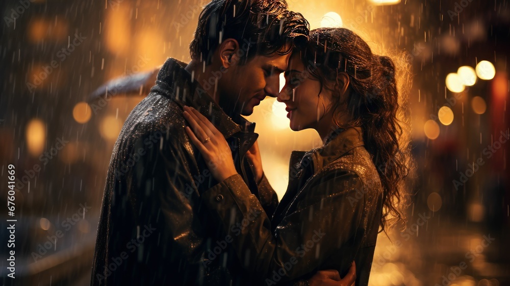 A happy couple getting passionately close to each other on a deserted street, under dim lights, getting wet in the rain.