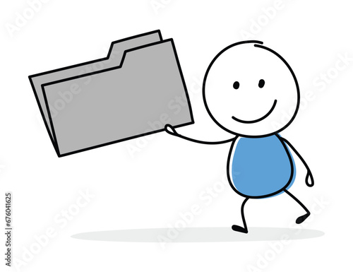Funny cartoon stickman holding file folder icon. Hand drawn design for a business presentation. Vector illustration