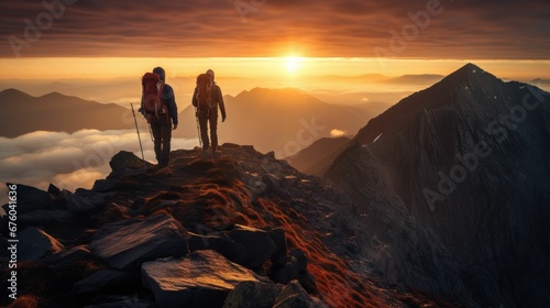 Happy mountaineering couple watching the sunset from the top of the mountains. © Royal Ability