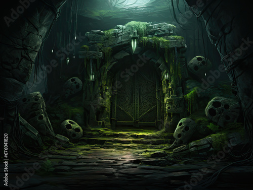 Dank cellar, overgrown moss dungeon for role playing tabletop games, underground doorway that hints at a foreboding path, with unusual sculptures