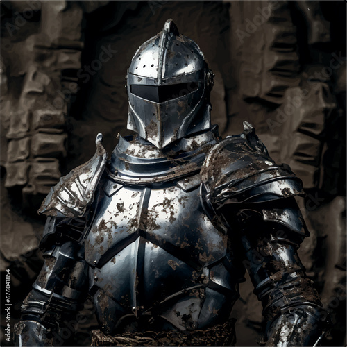 Illustration of metal knight shiny armor, with concrete wall background