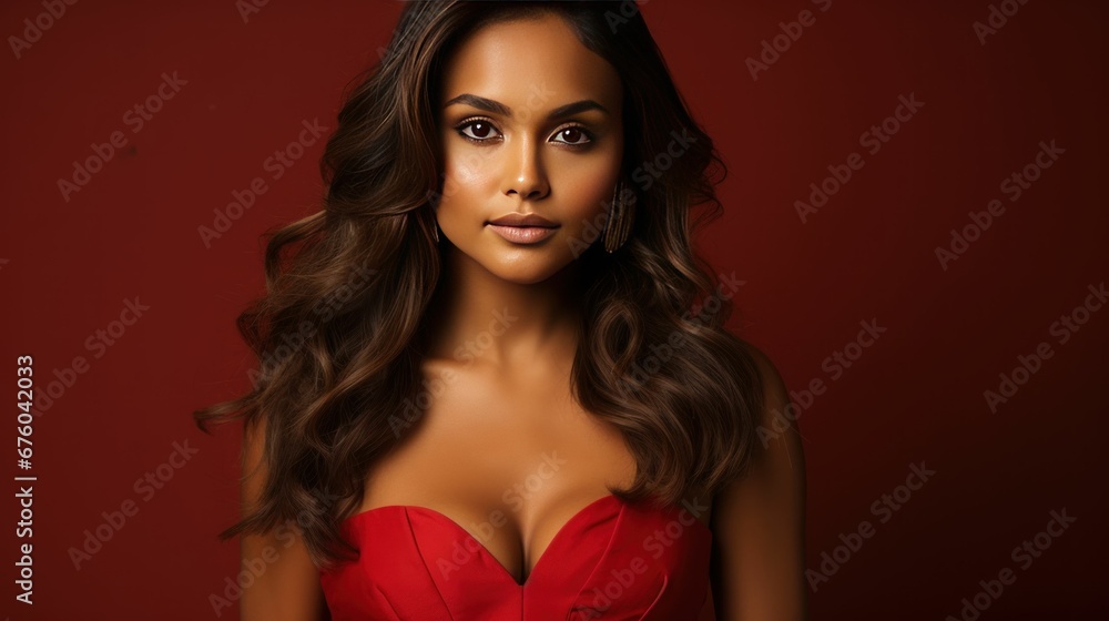 Female model wearing a low-cut red dress. - obrazy, fototapety, plakaty 