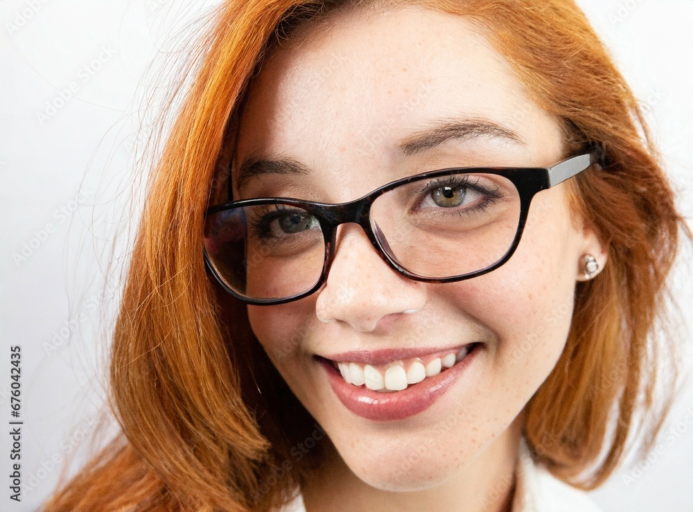 Caucasian redhead wearing glasses closeup, isolated on white background, smiling expression Caucasian redhead wearing glasses closeup, isolated on white background, smiling expression