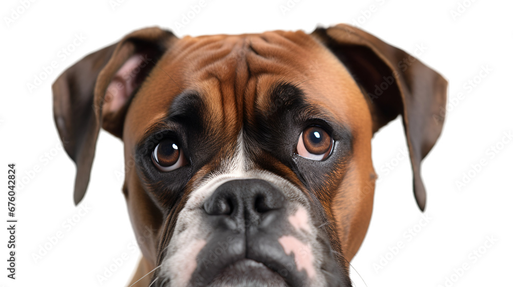 Front view, close up shot of a boxer dog puppy looking at  up right, isolated on transparent background. 