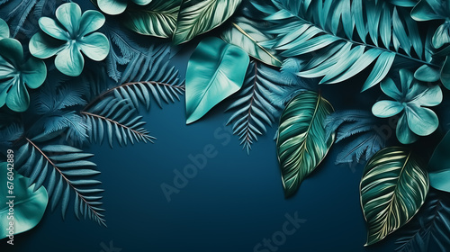 Collection of tropical leaves,foliage plant in blue color with space background.