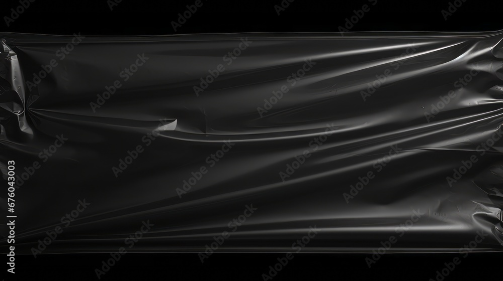 Fototapeta premium Genuine polyethylene texture on black background. Crumpled packaging