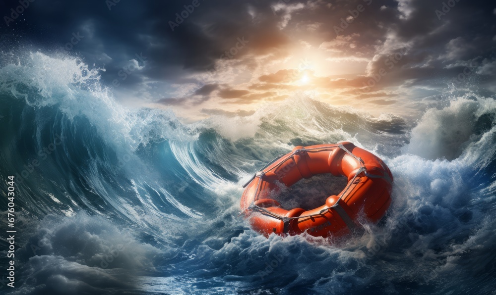 red Lifebuoy floating at sea in storm wave sea