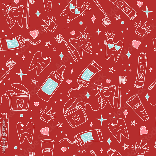 Dental care. Healthy tooth and diseased tooth,  hygiene and dental health. Pattern Seamless Hand drawn dental vector set. Toothpaste, cartoon tooth, dental floss and toothbrush in doodle style. 