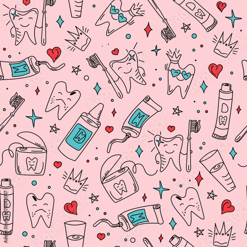 Pattern dental vector set. Toothpaste, cartoon tooth, dental floss and toothbrush in doodle style. Dental care.  Products for dentistry, hygiene and dental health. Seamless background, Hand drawn.