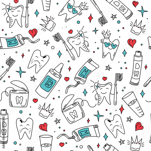 Pattern Dental care. Hand drawn dental vector set. Toothpaste, cartoon tooth, dental floss and toothbrush in doodle style. Healthy tooth and diseased tooth. Seamless background.