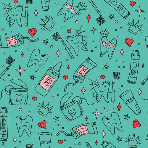 Pattern Seamless Hand drawn dental vector set. Toothpaste, cartoon tooth, dental floss and toothbrush in doodle style. Dental care. Healthy tooth and diseased tooth, hygiene and dental health. 