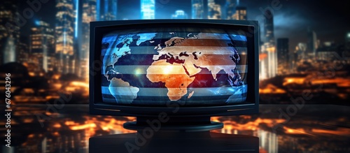 In a close up shot of a TV broadcast a ai illustration of a global flag serves as the background with a banner displaying the text Breaking Politics flashing across the screen accompanied by photo