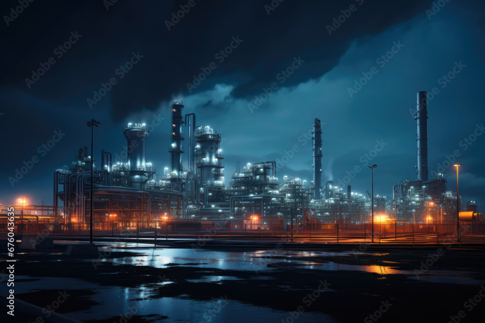 Fototapeta premium Industrial Illumination: Oil Refinery at Night