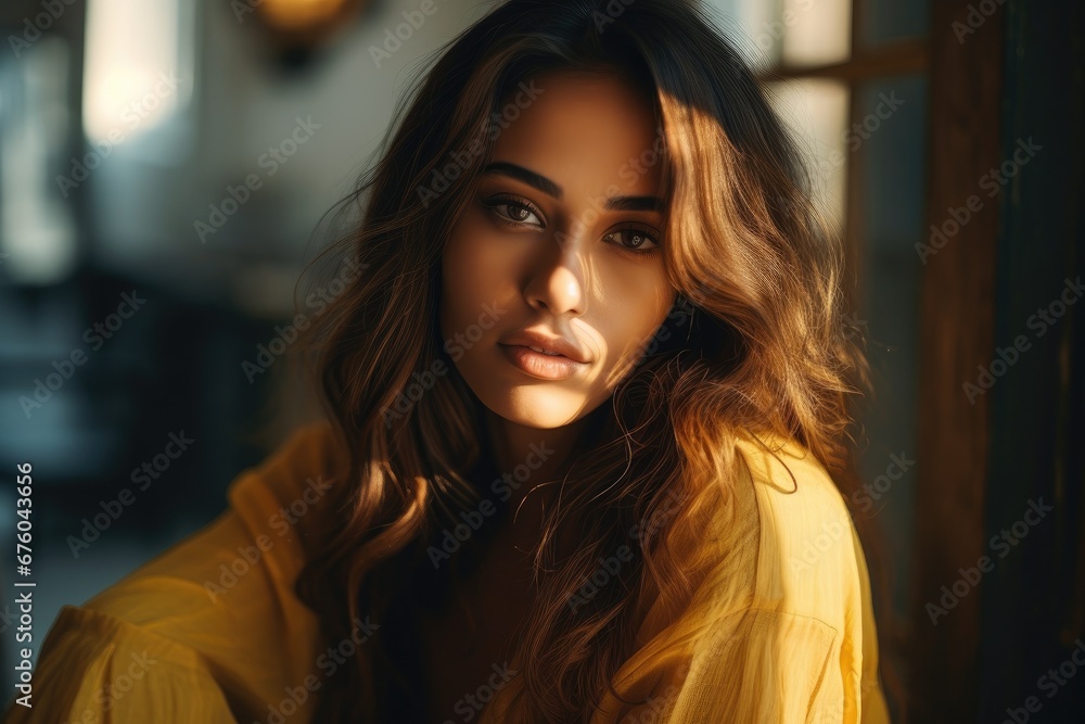A fashionable and slim young woman with long brunette hair A fashionable and slim young woman with long brunette hair