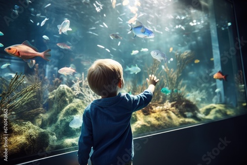 Children watch fish in an underwater aquarium, filled with marine life, creating a beautiful, educational experience.