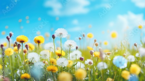 dandelions in warm summer. Spring, nature and green background