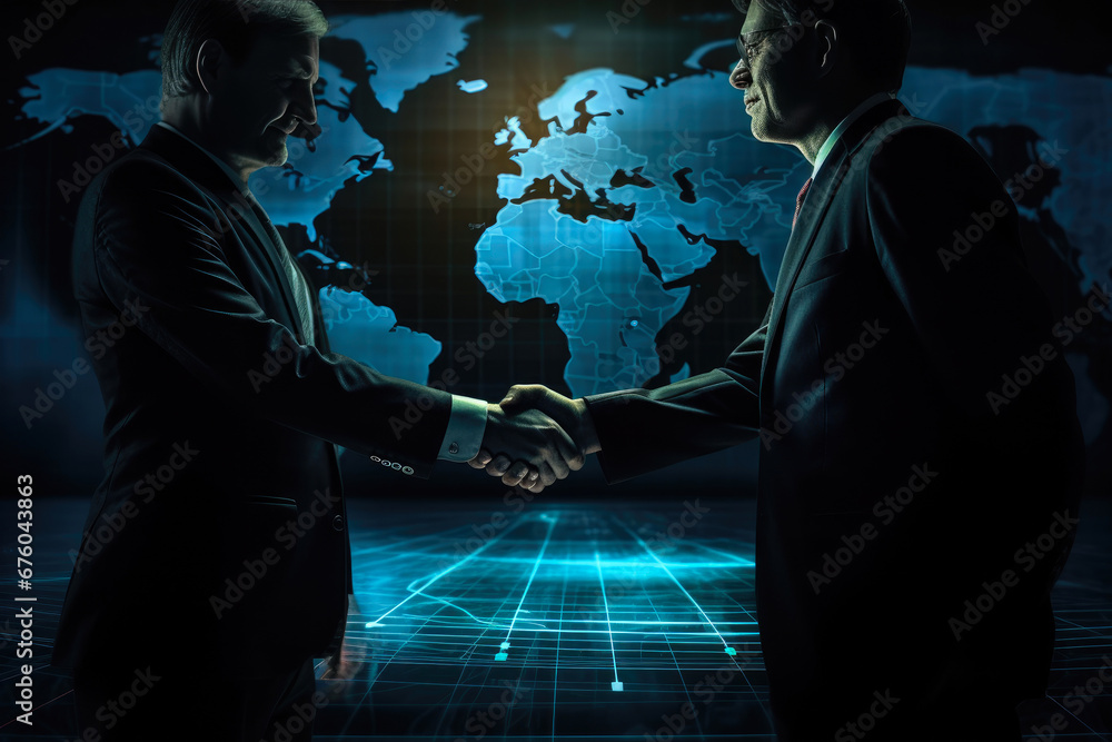 Obraz na płótnie World Map Handshake: Unseen Alliances w salonie