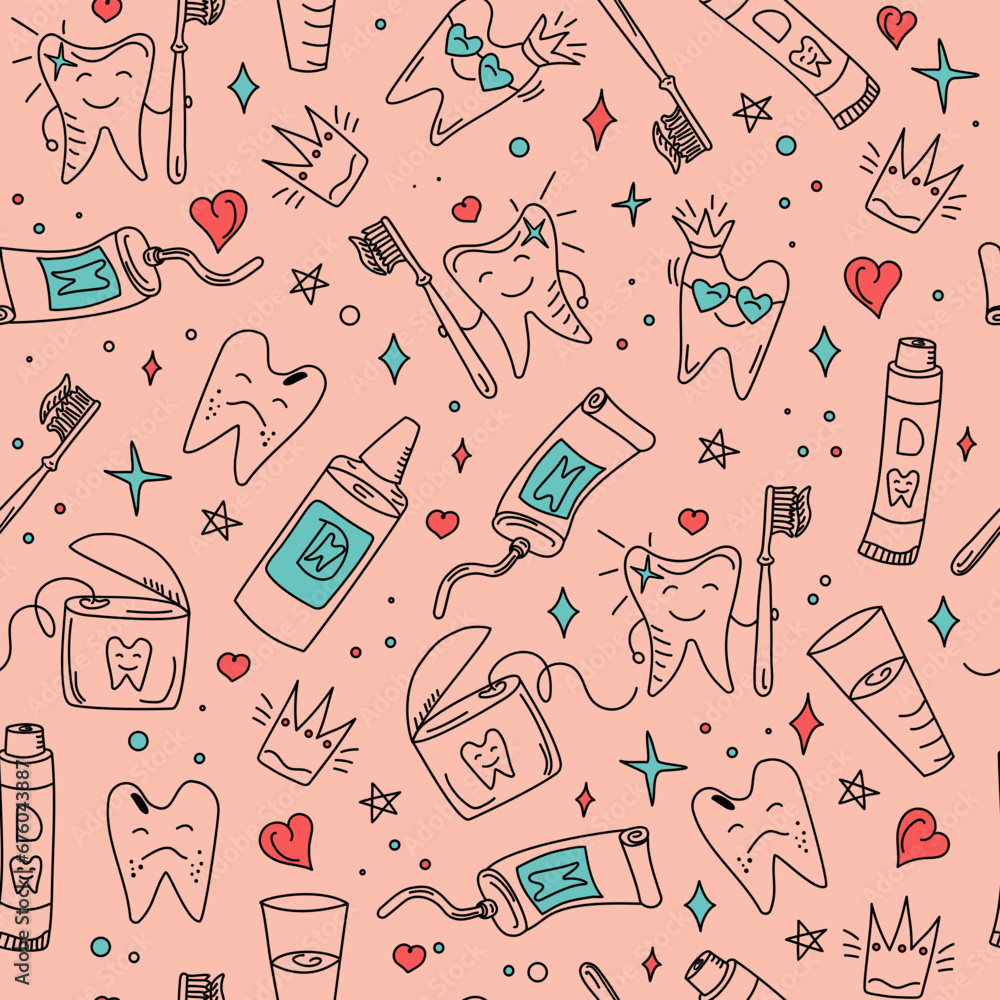 Pattern Seamless Hand drawn dental vector set. Toothpaste, cartoon ...