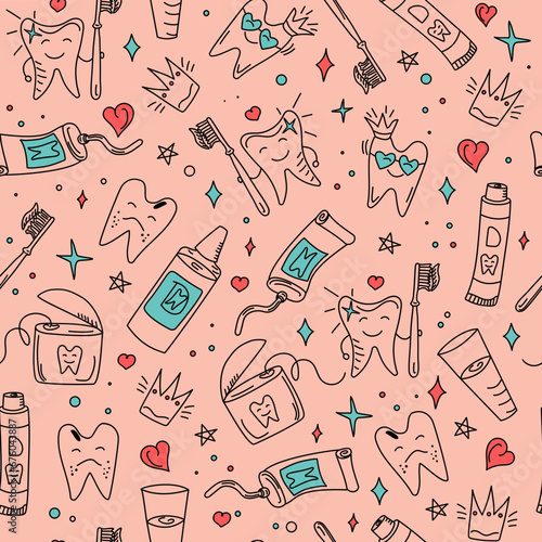 Pattern Seamless Hand drawn dental vector set. Toothpaste, cartoon tooth, dental floss and toothbrush in doodle style. Dental care. Healthy tooth and diseased tooth. hygiene and dental health. 