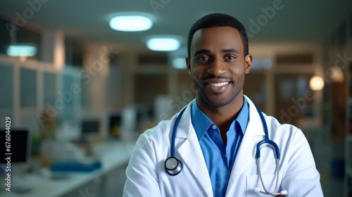 Dark-skinned afro american young male doctor in medical clothing smiles happily and looks at camera. Blurred background of the hospital, office in background. Healthcare concept, medicine