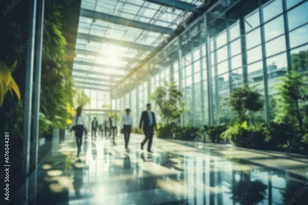 Blurred background business people walking in the hall of modern glass office, business center, shopping center, bank. Business concept, modern interior with living green plants. Eco style - obrazy, fototapety, plakaty 