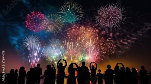 Silhouettes of people and colorful fireworks in the night sky. People take pictures and videos of fireworks lights. Holiday, festival, party, New Year, Christmas. Festive background