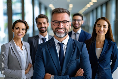 In a modern corporate office, a successful and cheerful team, led by a confident businessman, exemplifies effective teamwork and leadership. photo
