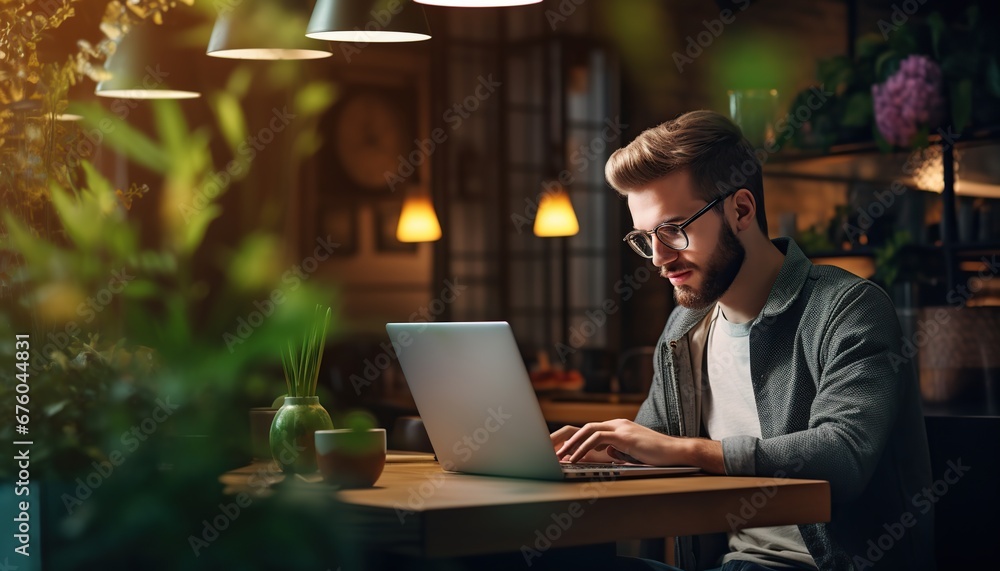 Young man working on laptop in cafe at table. Young man working on laptop in cafe at table.
