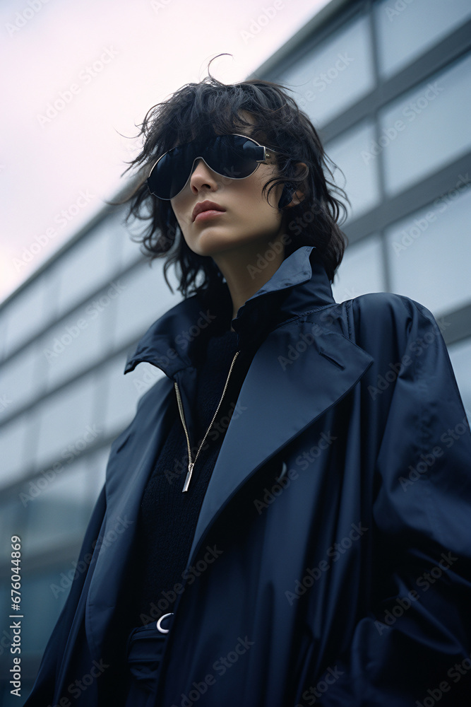 Fototapeta premium Asian woman wears a blue coat and sunglasses, dark navy, medium format film, washed-out