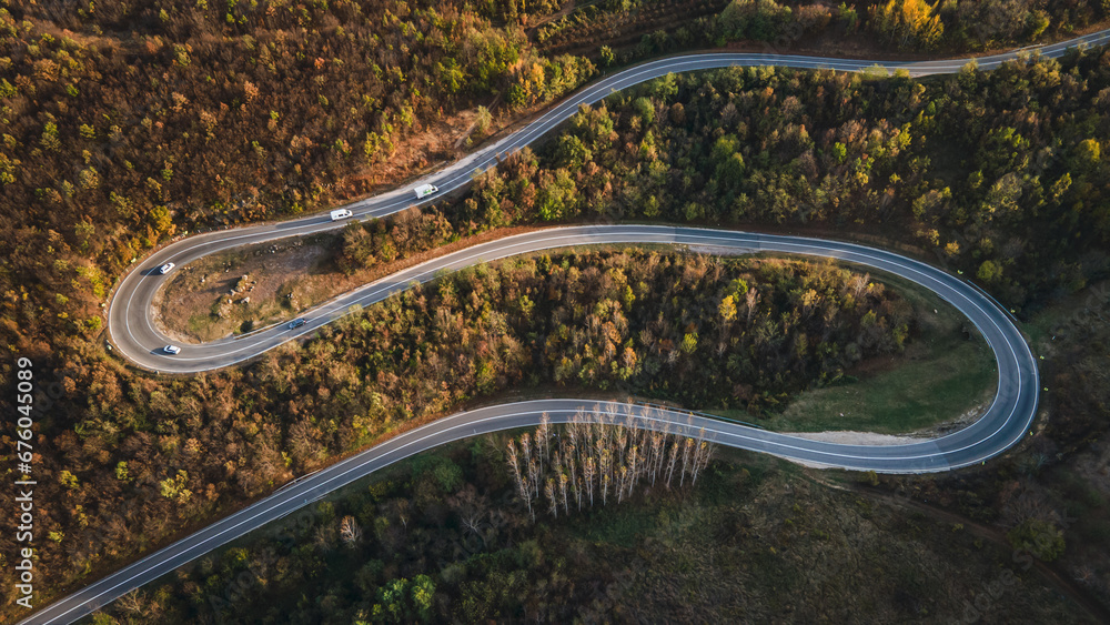 car vehicle drive on Tresibaba mountain range nature aerial view in autumn day near Knjazevac Serbia top down