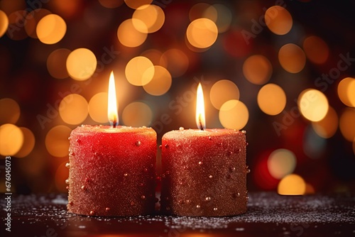 Two candles burning over festive bokeh background. Generative Ai