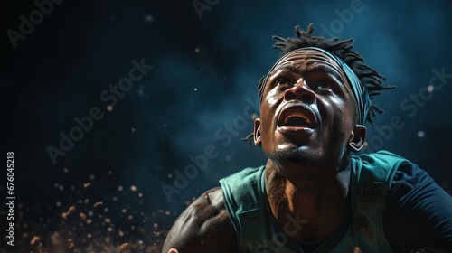 Portrait of a strong, African-American athlete, basketball player looking up, against a bright background with copy space. photo