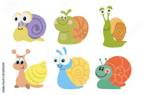 Set of cute cartoon snails. Colorful baby snails, icons, stickers, vector