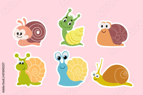 Set of cute cartoon snails. Colorful baby snails, icons, stickers, vector