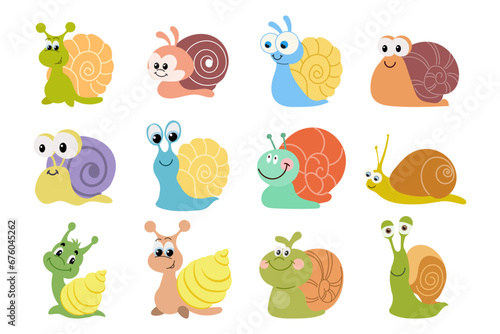 Set of cute cartoon snails. Colorful baby snails, icons, stickers, vector