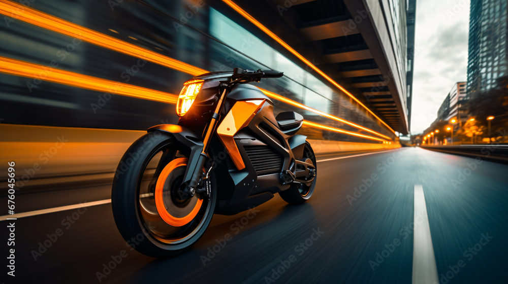 High-Speed Electric Motorcycle in Urban Setting, Enhanced with Generative AI