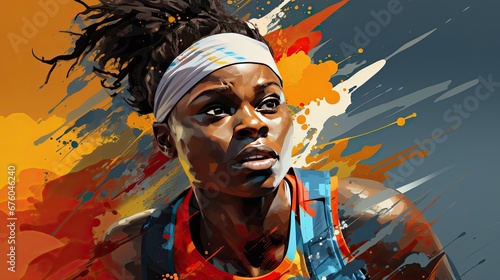 Portrait of a strong athletic African American woman against a bright, multicolored background, with copy space. photo