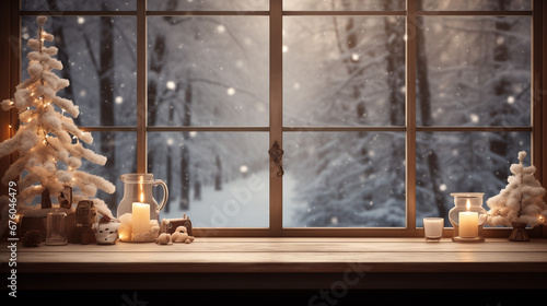Fensterbank zu Weihnachten, Kerzenschein, Winter, Schnee, gemütlich. Tannen, Produktplatzierung, leer, Holz © Alex
