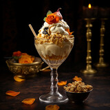 Halloween-themed abs absurdity sundae treat served in a baccarat glass, mixed with gold leaf, diamond dust, and exotic fruits, topped with truffle shavings, silvered almonds, edible flowers, and nuts.