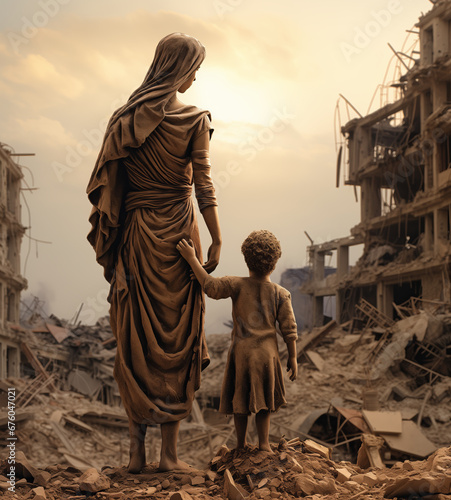 Abstract sculpture woman mother in hijab holds baby child made from destroyed buildings home due to war or earthquake. Concept of family love and unity in disaster.