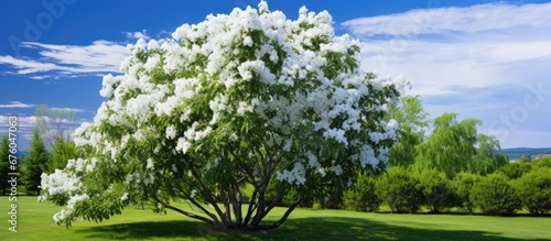 In a serene summer garden an isolated Lonicera tree stands tall against the vivid blue sky its lush green leaves framing the elegant white flowers adding a touch of floral beauty to the nat