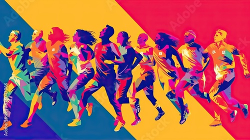 A colorful image of a multiracial team of running athletes from around the world. The concept of the Olympic Games