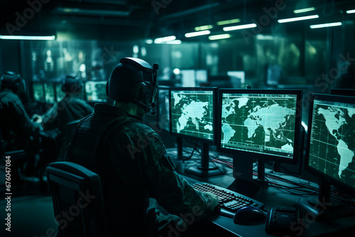 Military operator surveillance use computer for control security drone or air strike to in city. Concept cyber command post of army