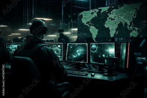 Military operator surveillance use computer for control security drone or air strike to in city. Concept cyber command post of army photo