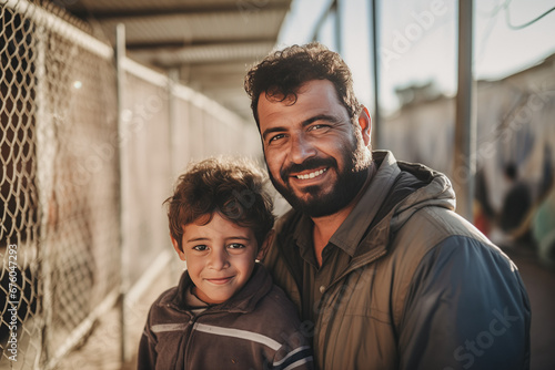Portrait of refugee family dad and son child at border checkpoint of tent camp. Concept Illegal immigrant due to war, loss of home photo