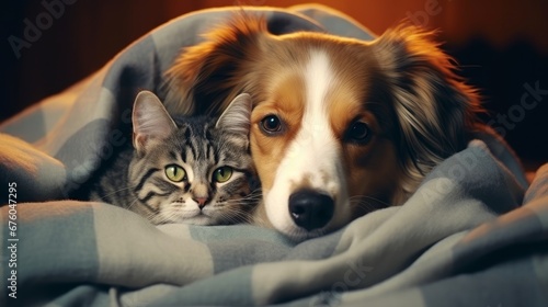 Together, dog and cat. Dog cuddles up under the house with a cat. Animal friendship