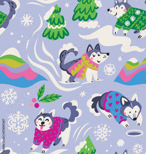 Winter cozy huskies seamless pattern. Vector illustration.