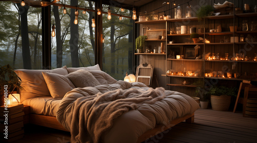 Gemütliches Schlafzimmer mit Lichterketten und Kerzen, Holz, Natur, entpsannen. wohlfühlend, ambiente